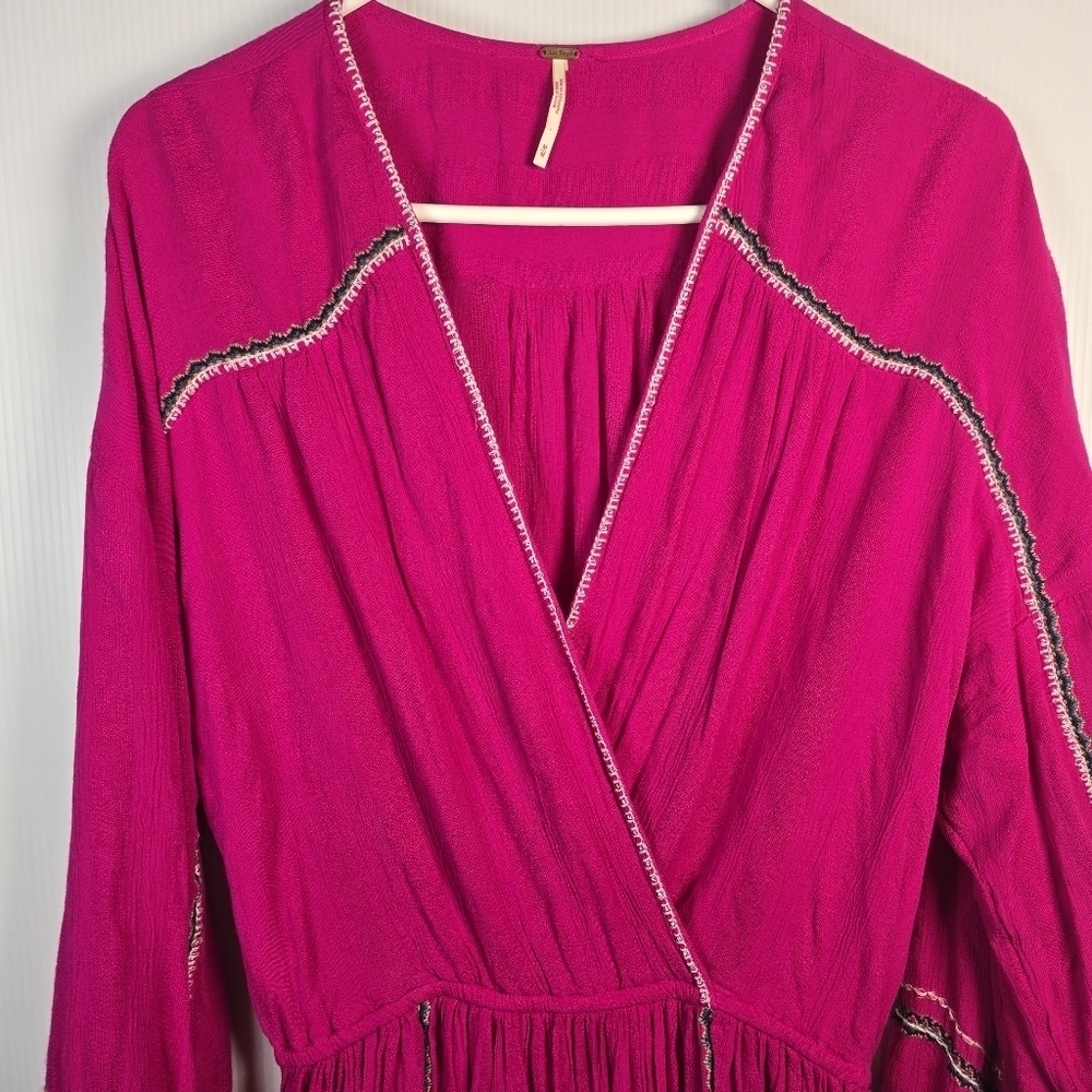 FREE PEOPLE Women's Delilah Embroidered Wrap Mini Dress In Hot Pink Boho Size M - Picture 6 of 16